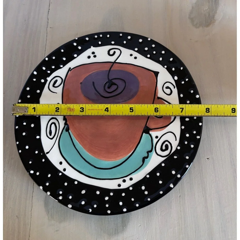Joanne deLomba for Lotus Whimsical Coffee Cup Salad Plates Set of 2 Black 8 Inch
